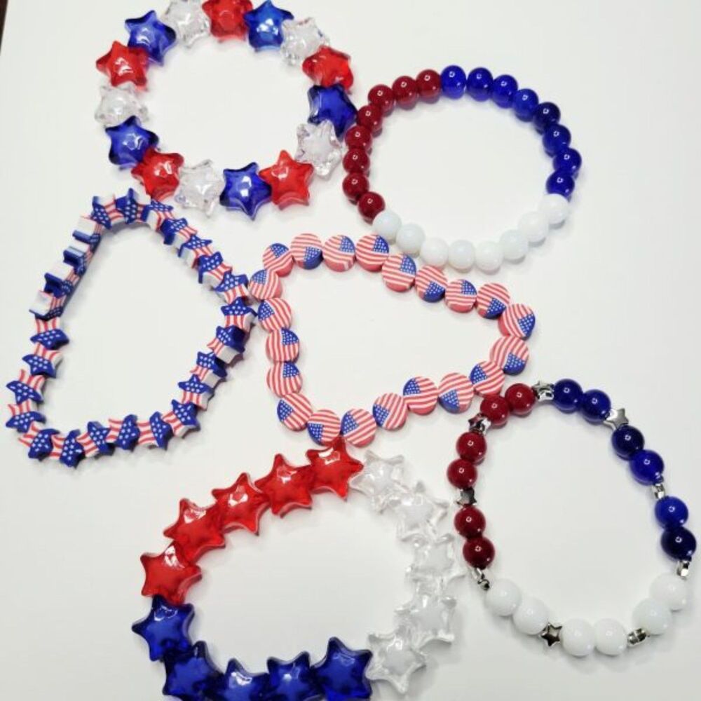 6 Pc Bundle Patriotic Adult Stretch Bracelets Red White Blue America 250 Destash